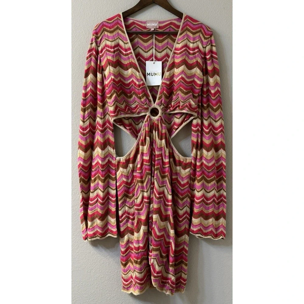 Show Me Your Mumu 'Carlo' Cut Out Horizon Stripe Knit Dress Size XL Retro NEW - Picture 2 of 16